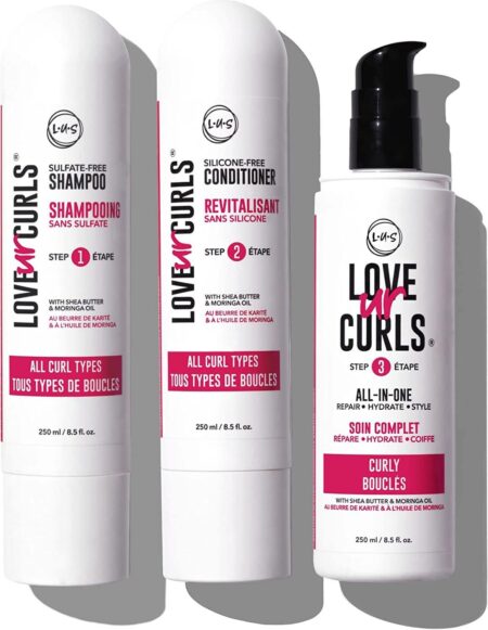 LUS Brands Love Ur Curls for Curly Hair, 3-Step System – Shampoo and Conditioner Set with All-in-One Styler – LUS Curls Hair Products – No Crunch, Nonsticky, Clean – 8.5oz each